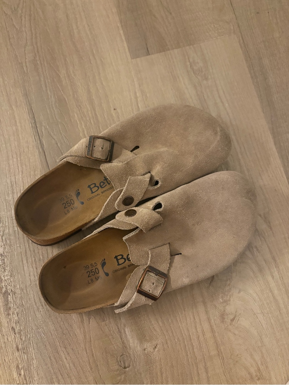Birkenstock Taupe Suede Clogs with Buckles